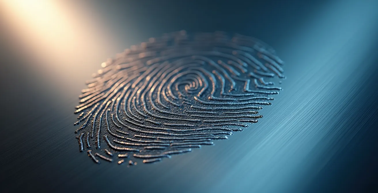 Vue macro de traces de doigts sur une surface métallique brossée créant des motifs abstraits