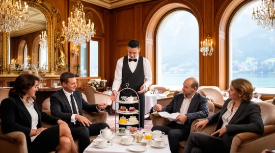 Service thé élégant dans le salon d'un palace suisse avec vue lac
