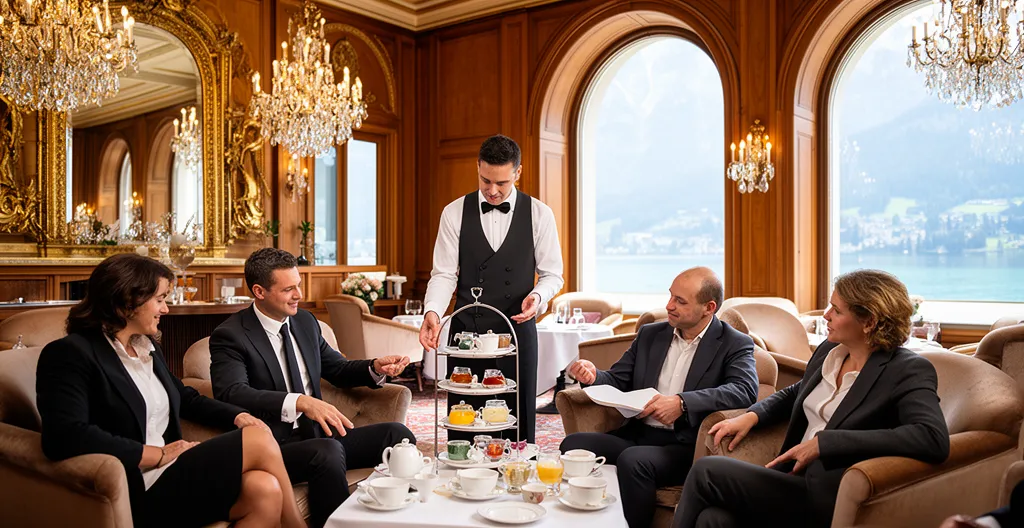 Service thé élégant dans le salon d'un palace suisse avec vue lac