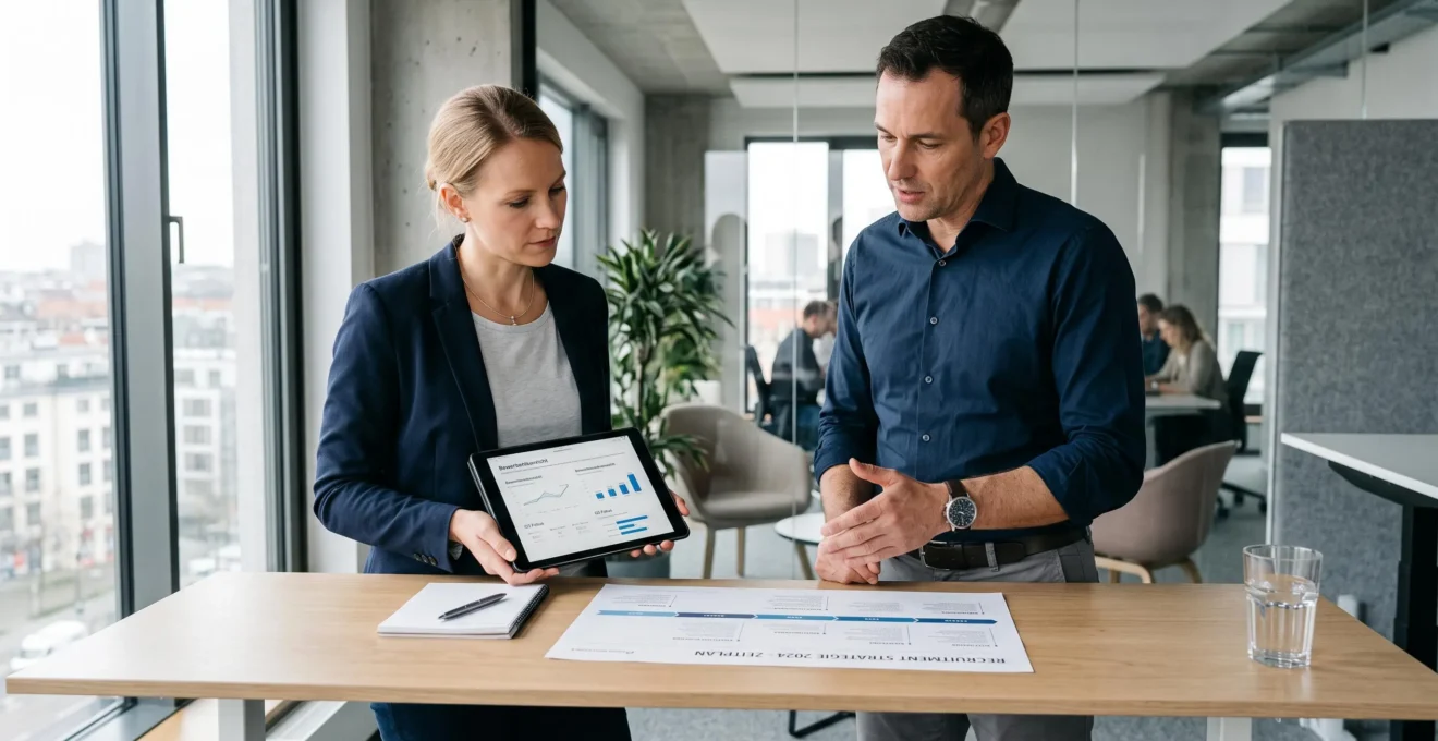 Zwei HR-Fachkräfte besprechen Recruiting-Sourcing-Strategien an einem Schreibtisch in einem modernen Büro