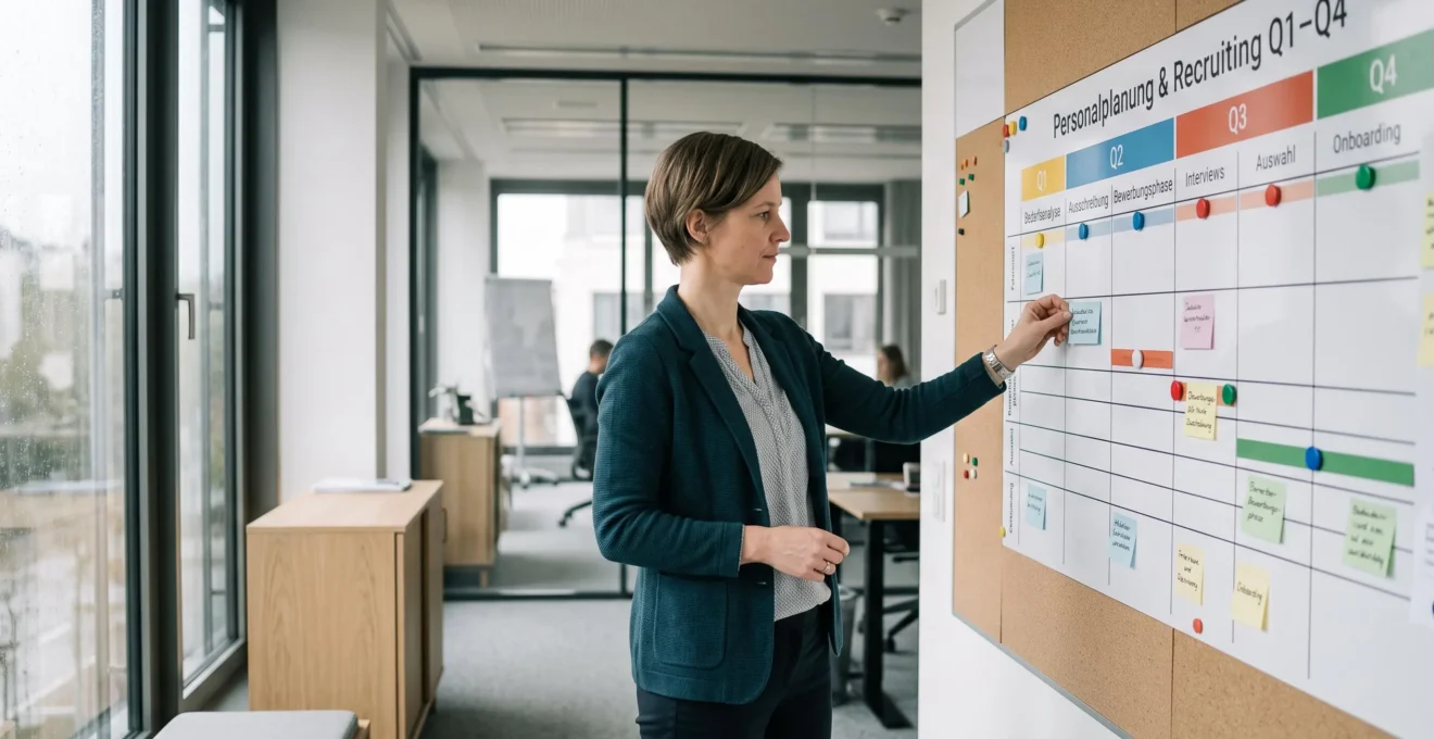 HR-Managerin steht vor einem Wandkalender und organisiert den Zeitplan für Neueinstellungen in einem modernen deutschen Büro