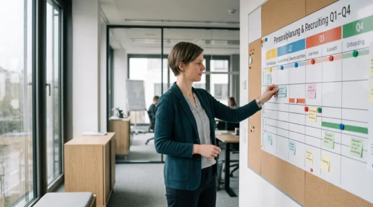 HR-Managerin steht vor einem Wandkalender und organisiert den Zeitplan für Neueinstellungen in einem modernen deutschen Büro
