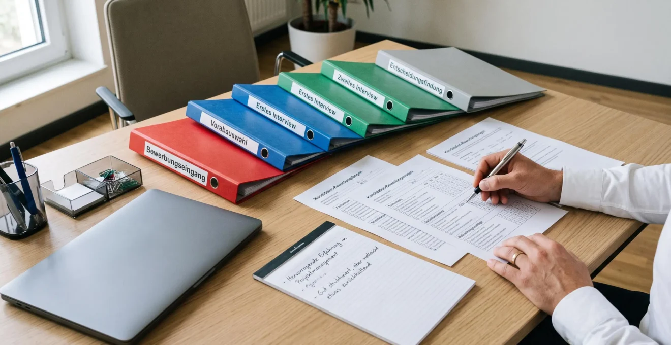 Organisierter Schreibtisch mit strukturierten Unterlagen zum Auswahlprozess und Checklisten zur Kandidatenbewertung
